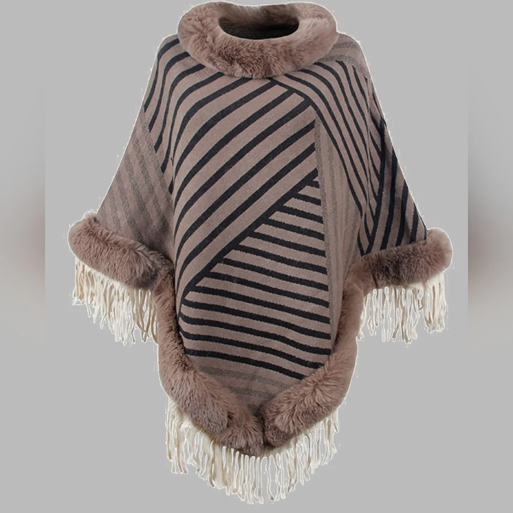 Plush Faux Fur Retro Fringe Stripe Pullover Oversized Warm Knit Poncho Cardigan